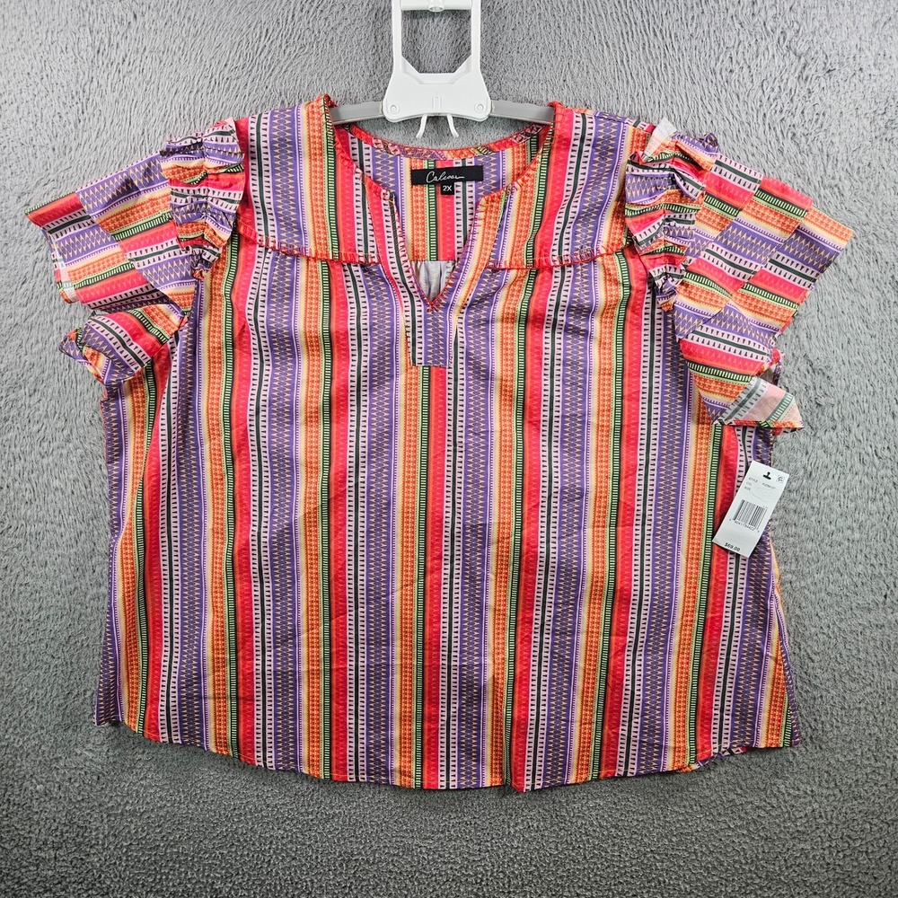 NEW Calessa Top 2X Split Neck Ruffle Short Sleeve Colorful Bright Geometric